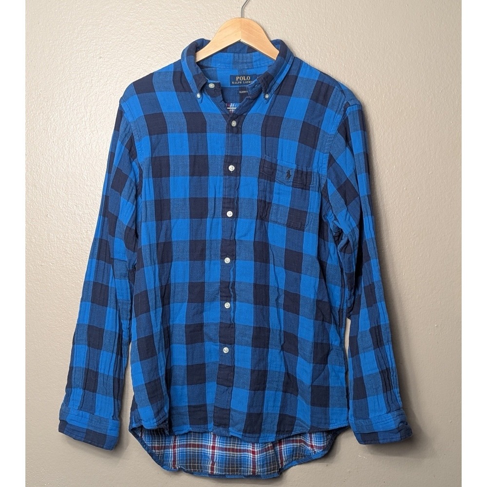 Polo Ralph Lauren Plaid Button Down Shirt Blue Classic Fit Cotton Mens‎ L